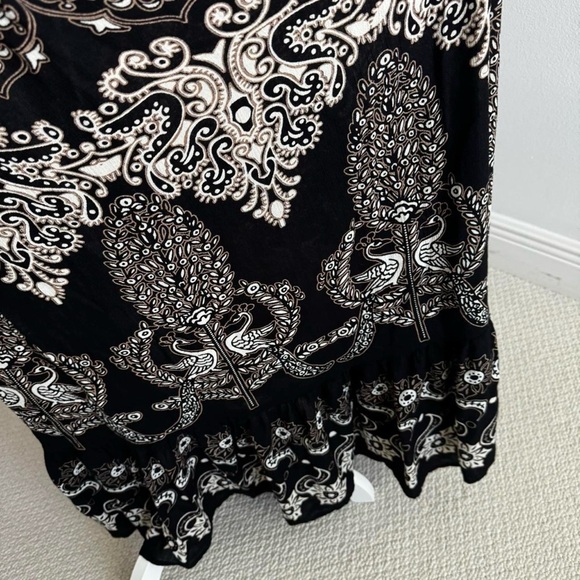 Forbidden Los Angeles Boho Maxi Dress Rayon Crochet Straps L Black Ivory Tan - Picture 8 of 8